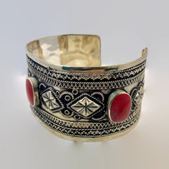 Red Jasper Bracelet, Afghan Cuff, Vintage, Silver Metal, Middle Eastern - Picture 4 of 5